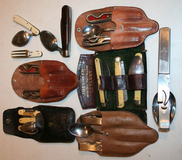 BOY SCOUT, GERMAN AND HUTTON, ETC. UTENSIL KITS: BOY SCOUT, GERMAN AND HUTTON, ETC. EATING UTENSIL KITS, 10 PCS.:includes three Boy Scouts of America utensil kits in leather cases two, c1926 one c1950; one Hutton kit with knife, fork & spoon, bone h