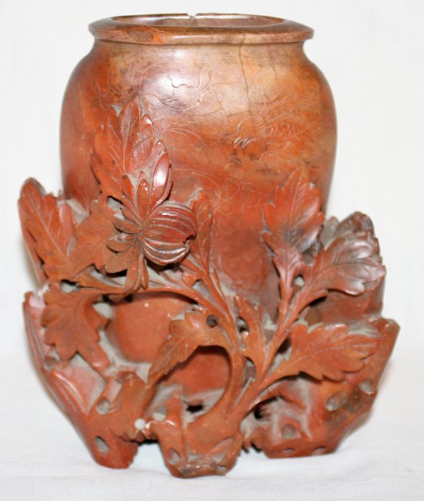 CHINESE CARVED SOAPSTONE VASE, H 6 1/4": CHINESE CARVED SOAPSTONE VASE, H 6 1/4"::Dark red in color with floral carving.