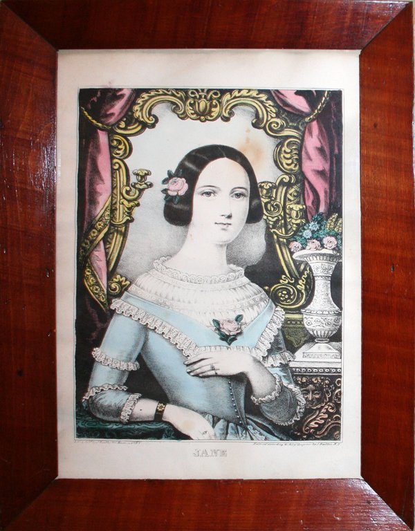 J. BAILLIE LITHOGRAPH, C 1850 11" X 8", 'JANE': J. BAILLIE LITHOGRAPH, C 1850 11" X 8", 'JANE':Mahogany frame. Lithograph by J. Baillie 113 Nassau St. N. Y. Hand colored lithograph by Currier and Ives colorist J Baillie. From the Collection of Alfr