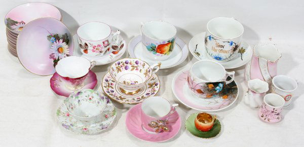 NORITAKE, AMERICAN, ROYAL STAFFORDSHIRE PLATES: NORITAKE, AMERICAN, ROYAL STAFFORDSHIRE LUSTER PORCELAIN PLATES, CUPS & SAUCERS, VASE, 25 LOT:12 Noritake hand painted plates Dia. 6".Two toothpick holders and baby cup.