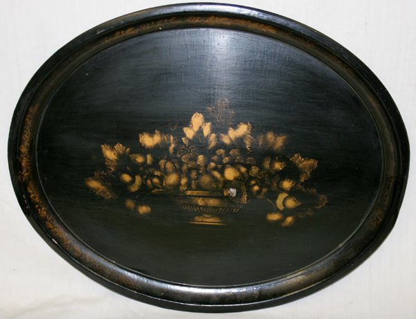 TOLE OVAL PAINTED FLORAL TRAY, C1900, 17" X 21": TOLE OVAL PAINTED FLORAL TRAY, C1900, 17" X 21":Black with gilt stencil.