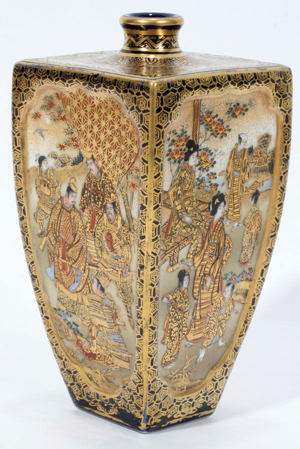 JAPANESE SATSUMA VASE BY KINKOZAN, H 4 3/4": JAPANESE SATSUMA VASE BY KINKOZAN, H 4 3/4":Square shape with a short neck above tapering sides, a panel at each side depicts men and women in group settings, impressed signature. Provenance: Dr. Dona