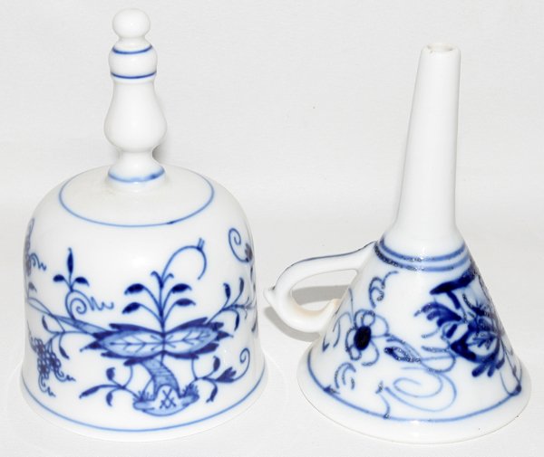 MEISSEN PORCELAIN DINNER BELL & FUNNEL: MEISSEN PORCELAIN DINNER BELL & FUNNEL, H 5" & 4 1/2":Bell has crossed swords mark. Two pieces total. Handwork Family Collection, Perrysburg, Ohio