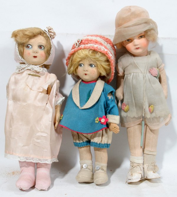 LENCI STYLE CLOTH DOLLS, 3, C. 1930, L 12"-15": LENCI STYLE CLOTH DOLLS, THREE, C. 1930, L 12"-15":Including 2 felt dolls with near-identical styled facial features such as a white dot to the right of the pupil and two-tone lip color, as well as st