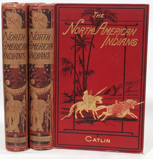 GEORGE CATLIN, NORTH AMERICAN INDIANS LONDON: GEORGE CATLIN, NORTH AMERICAN INDIANS LONDON 1880, VOL I AND II:Published by the author. Egyptian Hall, Piccadilly. Original gilt pictorial maroon cloth binding stamped and lettered in gilt and black,