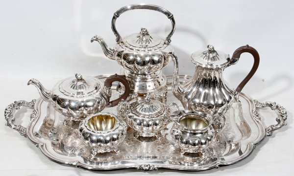 MELON SHEFFIELD DESIGN REPROD & TEA SERVICE: MELON SHEFFIELD DESIGN REPRODUCTION BY COMMUNITY SILVER PLATE COFFEE & TEA SERVICE, SEVEN PIECES:Including 1 hot water kettle and stand, 1 tea pot, 1 coffee pot, 1 covered sugar bowl, 1 waste bowl and