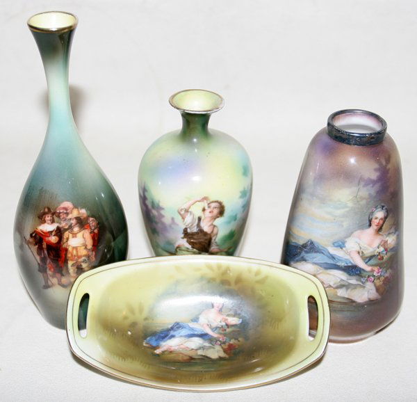 GERMAN VASES (3) & A DISH, INCLUDING RS PRUSSIA: GERMAN VASES (3) & A DISH, INCLUDING RS PRUSSIA, C. 1900-45, H 5"-6":Porcelain grouping includes 1 vase decorated with musketeers, marked "R. S. Prussia" with red star.H.6 1/2"; 1 vase decorated with