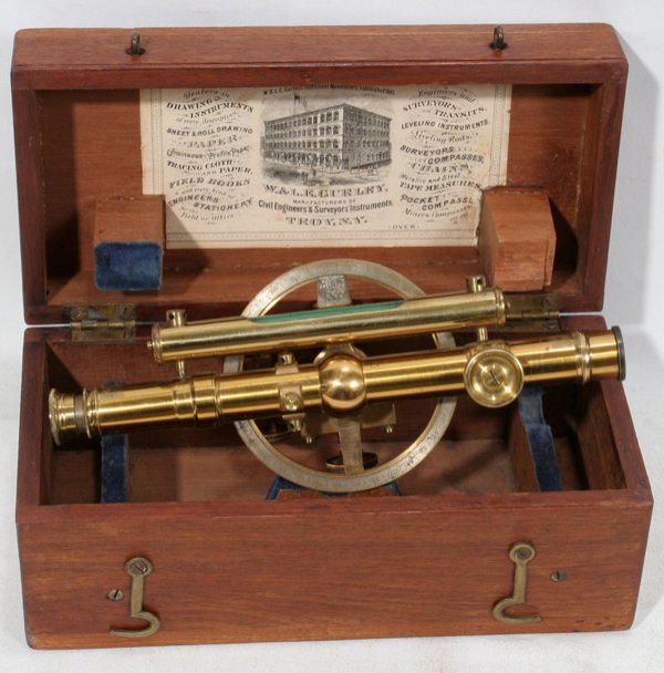 W. & L.E. GURLEY BRASS SURVEYOR'S TRANSIT: W. & L.E. GURLEY BRASS SURVEYOR'S TRANSIT, 19TH C., TROY, NEW YORK, ENCASED:Brass instrument with bubble-level, marked "W. & L. E. Gurley, Troy, N. Y., Patented July 9, 1878", L.8 1/4", in a fitted ma