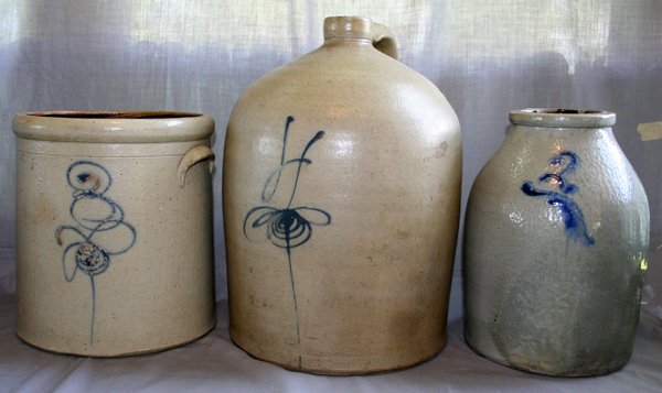 STONEWARE CROCKS, THREE, H 11" - 16"