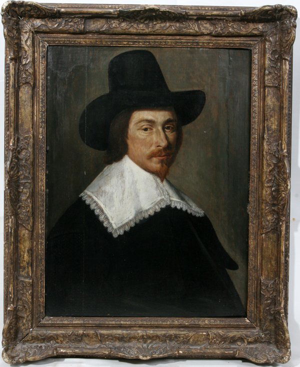 DUTCH SCHOOL, OIL ON PANEL, 25" X 21": DUTCH SCHOOL, OIL ON PANEL, 18TH/19TH C., 25" X 21", PORTRAIT OF MAN:Image depicts a portrait of a man, shown in half length, in a 17th century style. No apparent signature; within a gilt wood and ges