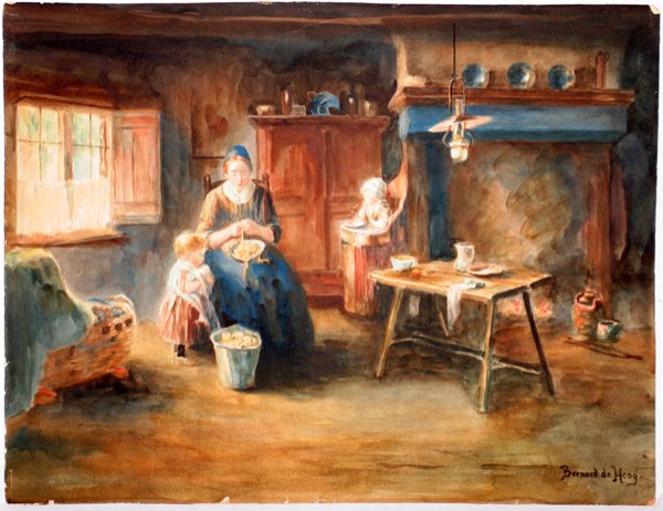 BERNARD DE HOOG, WATERCOLOR DUTCH INTERIOR: BERNARD DE HOOG, WATERCOLOR 13" X 16" DUTCH INTERIOR:Signed. Mother peeling apples with second child in highchair. Light through window. Not framed.