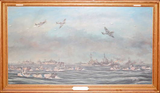 GEOFF SHAW, OIL ON BOARD "D DAY" JUNE 1944": GEOFF SHAW, OIL ON BOARD 19" X 35", "D DAY" JUNE 1944":Signed lower right. Oil on canvas board. Parker Gallery label.