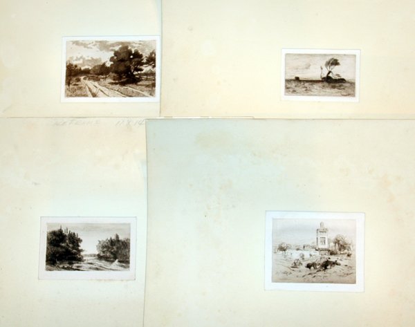 AMERICAN 19TH C. ETCHINGS, CHARLES FREER ESTATE: AMERICAN 19TH C. ETCHINGS, CHARLES FREER ESTATE, FREER MUSEUM, 4, 2 1/2" X 4 1/4" - 3 1/2" X 5 1/2":Lot includes: Leroy M. Yale, "White Chute, Nipigon River Ont.", 1886; Samuel Coleman, "Ruins of a Mo