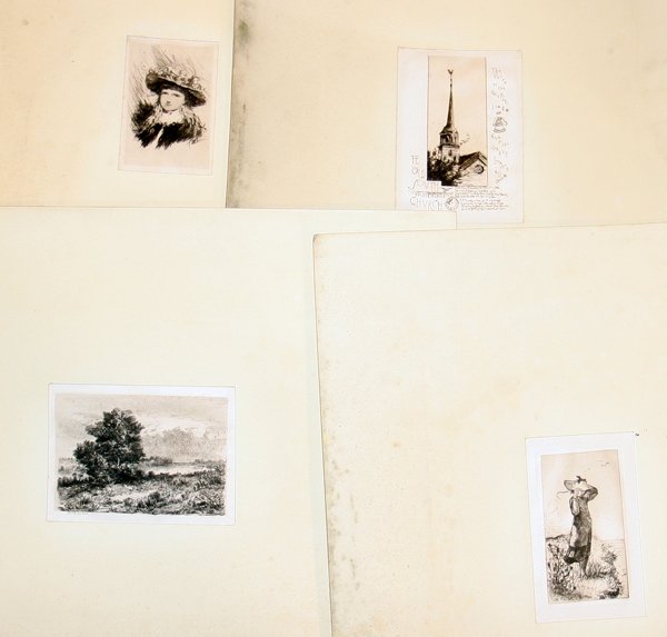 AMERICAN 19TH C. ETCHINGS, CHARLES FREER ESTATE: AMERICAN 19TH C. ETCHINGS, CHARLES FREER ESTATE, FREER MUSEUM, 4, 4 1/2" X 2 1/2" - 5 1/2" X 3 1/4":Lot includes: Edith Loring Getchell, "A Souvenir - The Old South Church", 1888; Walter Satterlee, "A