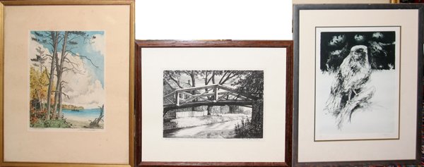 20TH C. GRAPHICS, 3, J. COUGHLIN, H.L. TASKEY &: 20TH C. GRAPHICS, 3, J. COUGHLIN, H.L. TASKEY & L. PESCHERET, 9 1/4" X 12 3/4" - 14" X 10 1/2":Jack Coughlin, etching, "Hawk", 125/250; Harry LeRoy Taskey, litho, "Barge Canal"; Leon Pescheret, color 