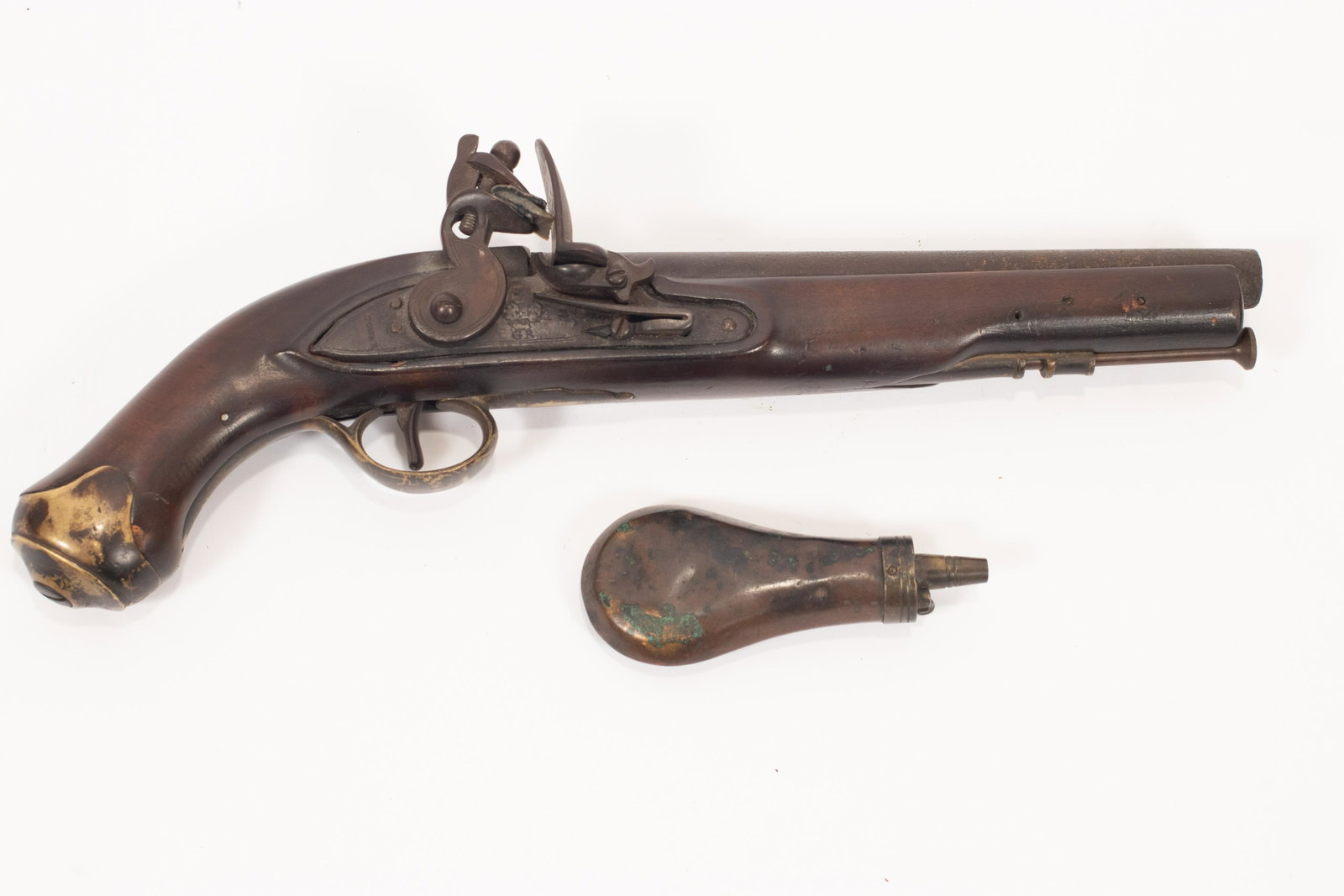 BRITISH TOWER LIGHT DRAGOON FLINTLOCK PISTOL, .67 CAL.,: BRITISH TOWER LIGHT DRAGOON FLINTLOCK PISTOL, .67 CAL., SECOND HALF 20TH C., L 9" (BARREL) Second half 20th-century reproduction firearm, aged to appear original. Lock marked Tower and GR under a crow
