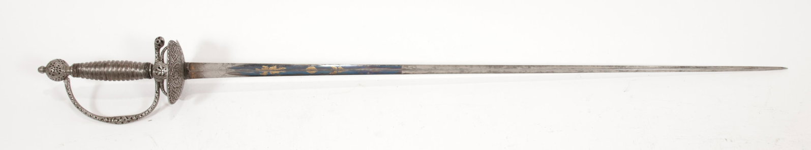 FINE FRENCH TRIANGULAR BLADE RAPIER, C. 1780, L 37": FINE FRENCH TRIANGULAR BLADE RAPIER, C. 1780, L 37" OVERALL 1/3 blade blued steel with gilt etched decorations of floral and crossed arms designs. Marked at the ricasso "BSB". Having an elaborate pier