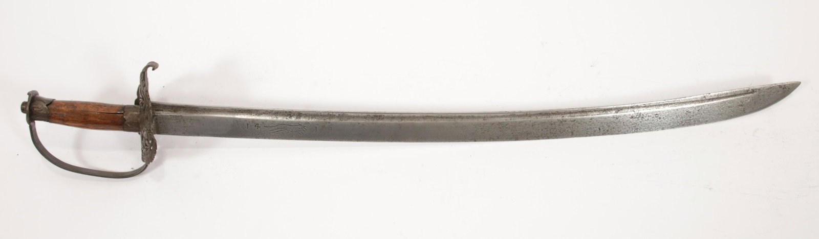 SWORD WITH RUNNING WOLF DESIGN, C. 1780, BRITISH KING: SWORD WITH RUNNING WOLF DESIGN, C. 1780, BRITISH KING CHARLES CROWELL ERA, L 32" OVERALL From collection of Richard Bezdek. Having a wolf design to the blade flanked by "14" on each side. From famous 