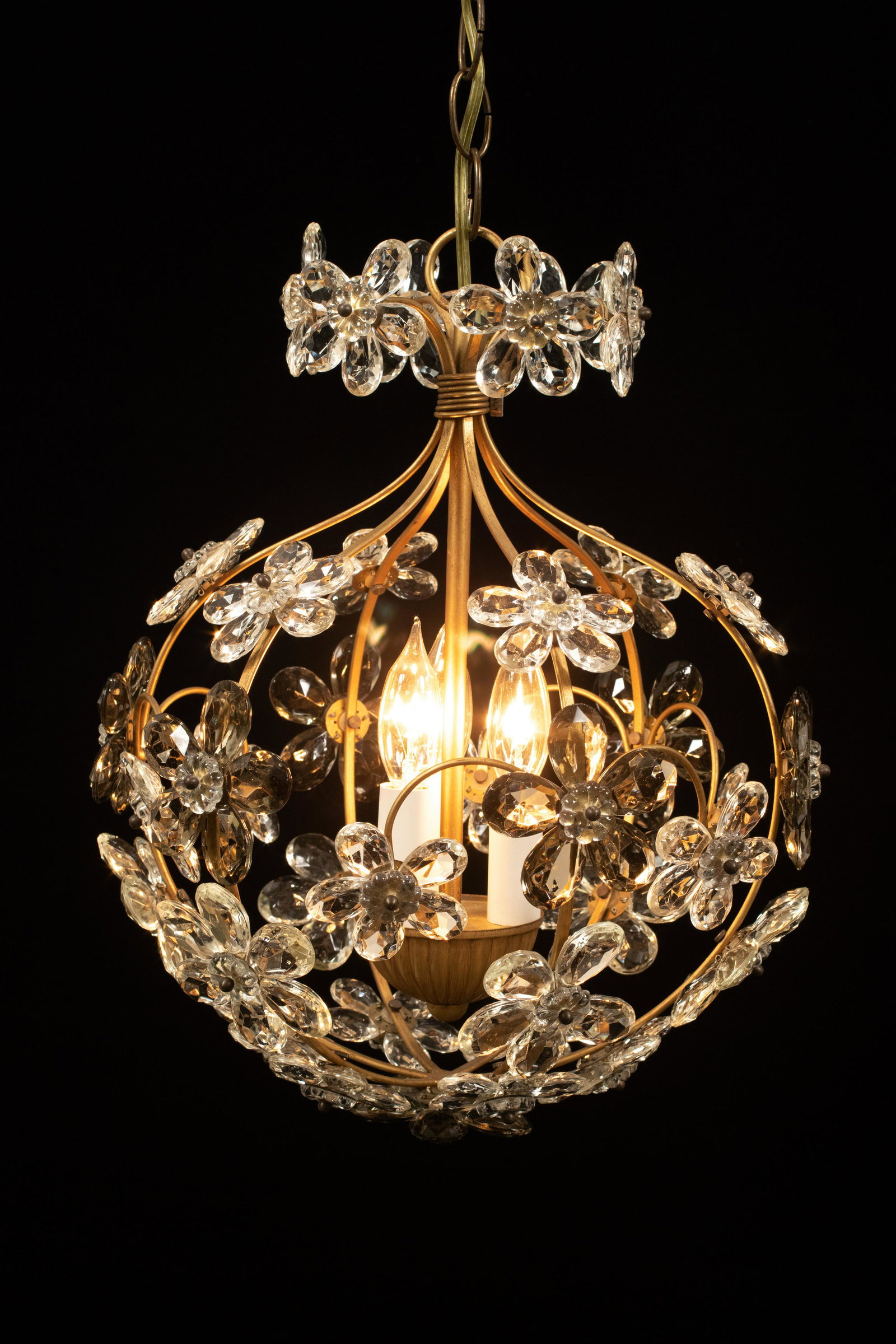 MID CENTURY CRYSTAL & BRASS CHANDELIER, C. 1960, H 16",: MID CENTURY CRYSTAL & BRASS CHANDELIER, C. 1960, H 16", DIA 12" A mid century modern crystal and brass chandelier. Having an overall floral form with three lights, accented with faceted crystal prisms