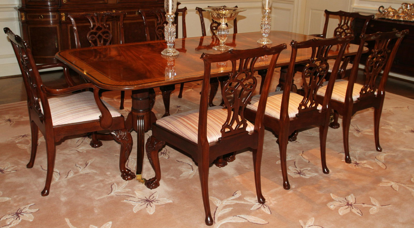 Baker Furniture Co. Dining Table, Mahogany, 10 Chairs W