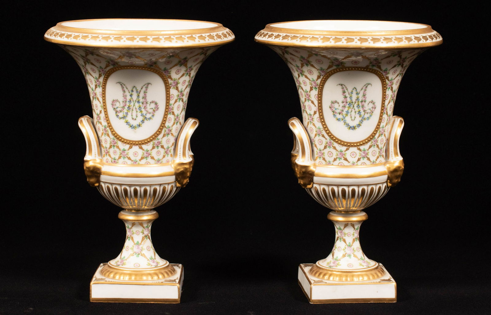 FRENCH EMPIRE STYLE PORCELAIN URNS, C. 1900, PAIR, H (1 of 8)
