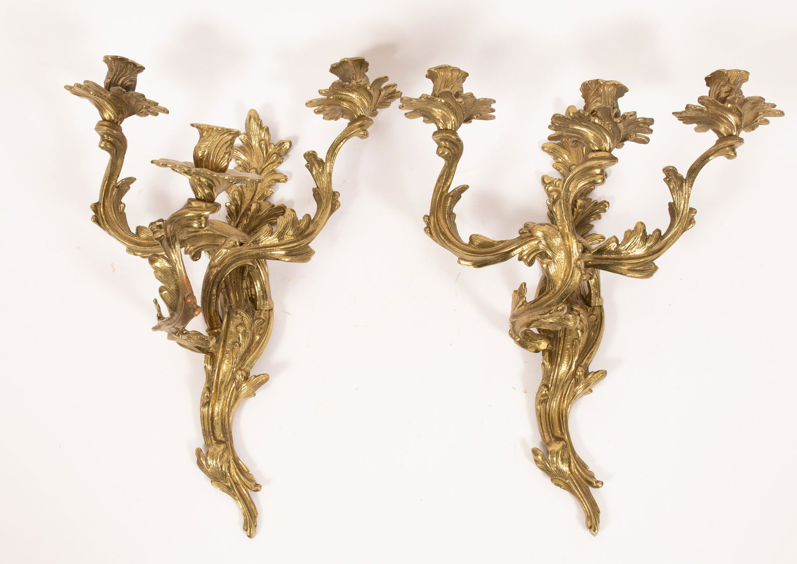 FRENCH STYLE GILT BRONZE SCONCES, PAIR, H 18", W 13" (1 of 7)