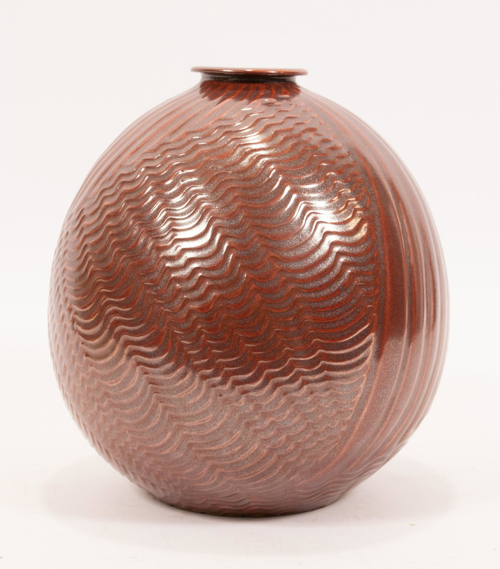 CHUNG HYUNG CHO, PROFESSOR SEOUL KOREA, POTTERY VASE: CHUNG HYUNG CHO, PROFESSOR SEOUL KOREA, POTTERY VASE H 10" DIA 8.5" Stoneware vase. Globular with motif of reeds and waves. Cho is a professor at the University in Seoul.