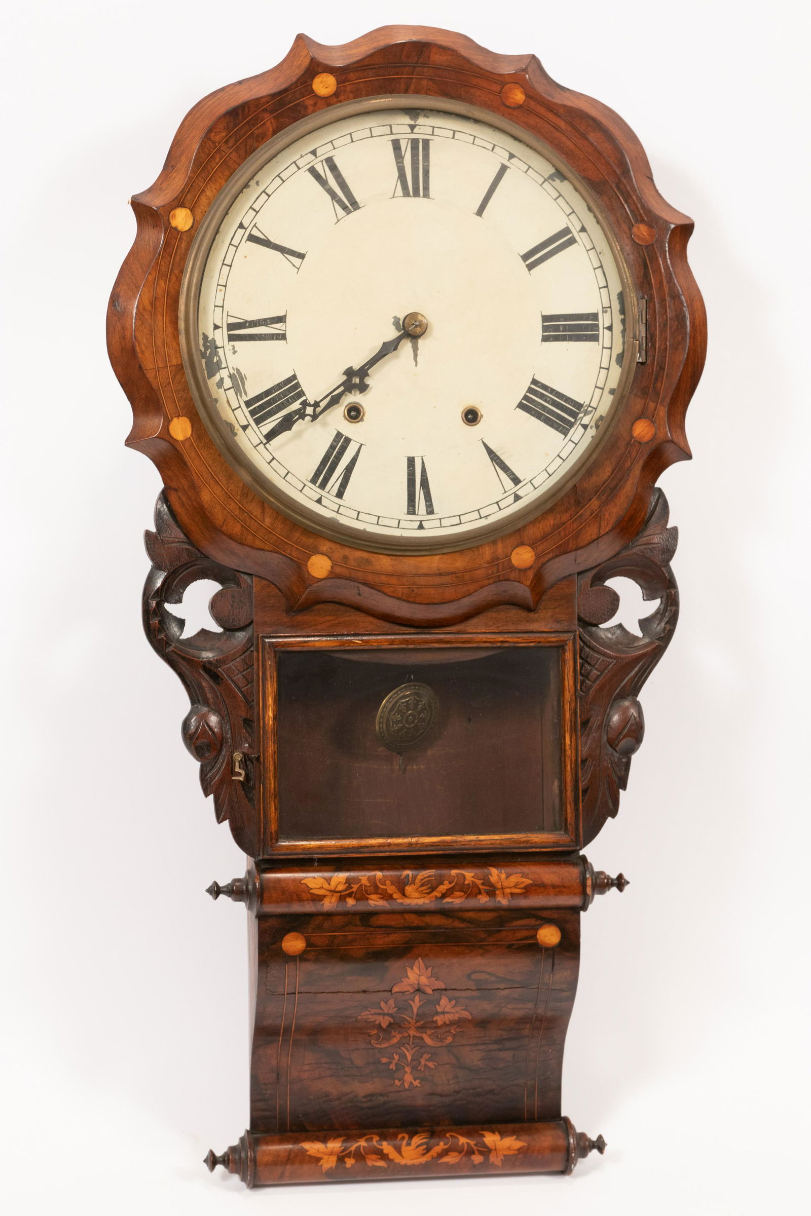 ANTIQUE MARQUETRY WALL CLOCK, C. 1900, H 33", W 17" (1 of 8)
