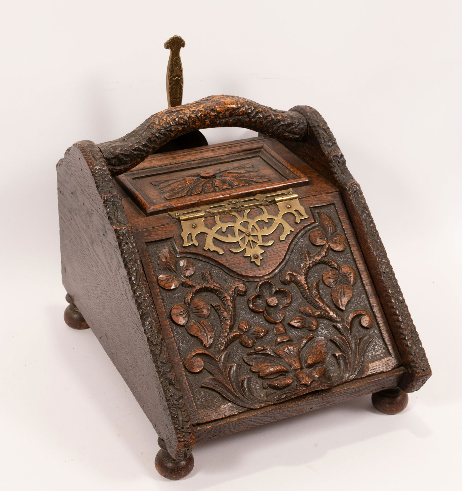CARVED OAK & BRASS COAL SCUTTLE, C. 1900, H 15", W 14" (1 of 6)
