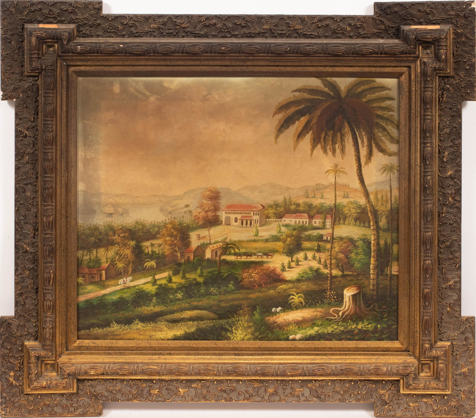 SIGNED "CALA", OIL ON CANVAS, H 20", W 24", BRITISH: SIGNED "CALA", OIL ON CANVAS, H 20", W 24", BRITISH COLONIAL SCENE Depicting an aerial view of a Caribbean island (likely St. Lucia) during British colonization. Artist's signature to the lower left. 