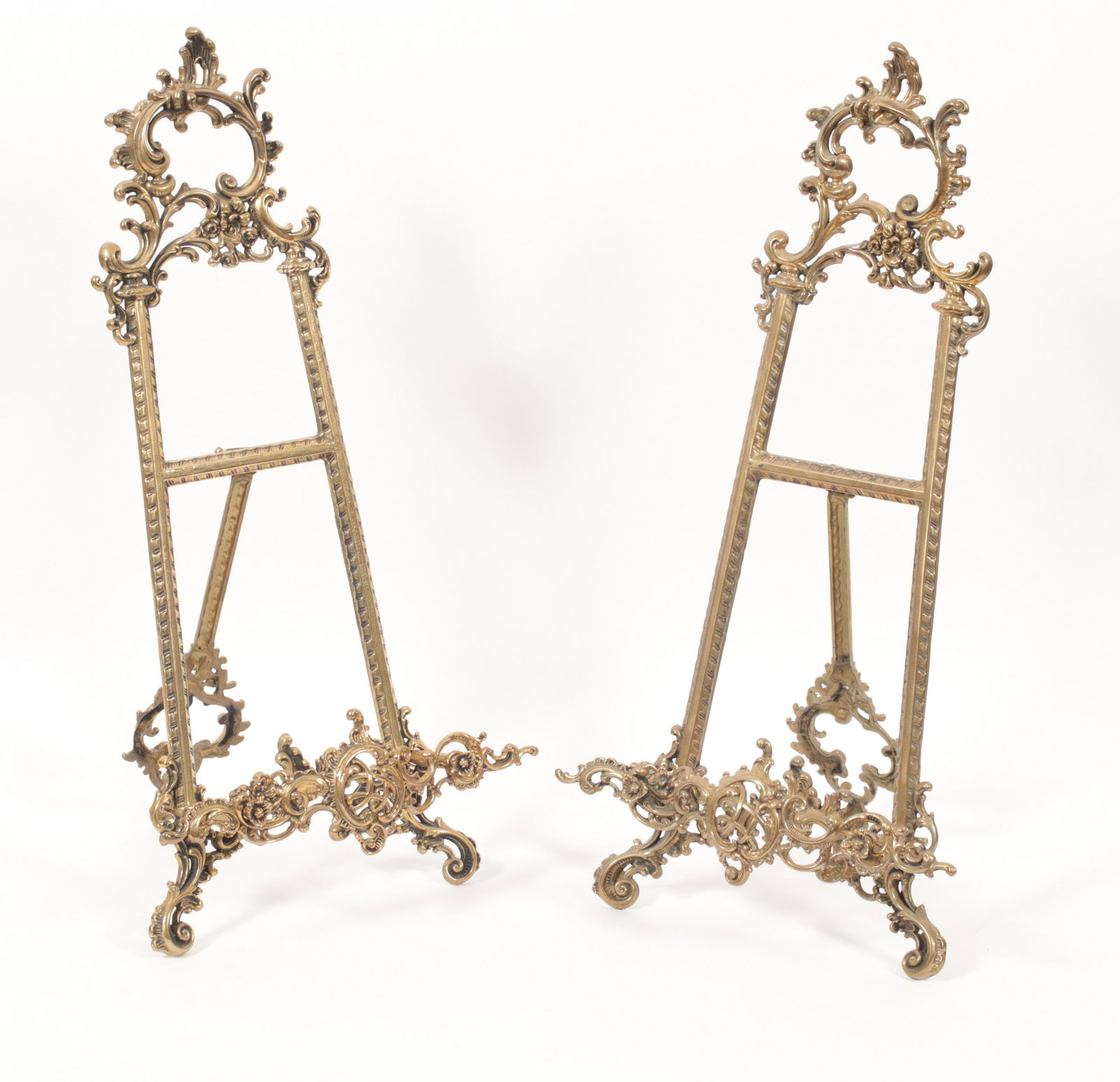 VICTORIAN STYLE BRASS EASELS, PAIR, H 22", W 11" (1 of 6)