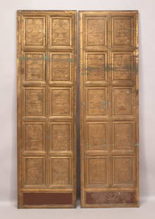 ITALIAN STYLE GILT BRONZE DOORS, PAIR, H 75", W 25": ITALIAN STYLE GILT BRONZE DOORS, PAIR, H 75", W 25"A pair of Italian style gilt bronze doors. Reminiscent of the 'Gates Of Paradise' of Florence by Lorenzo Ghiberti (Italian, 1378-1455). Each door fea