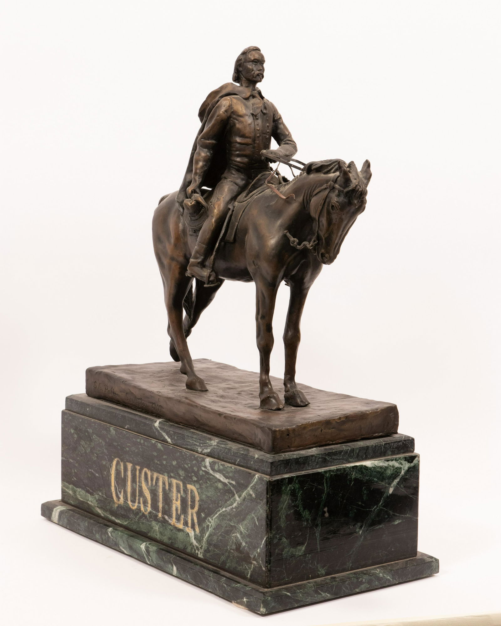 AFTER EDWARD C. POTTER (AMERICAN, 1857-1923) BRONZE: AFTER EDWARD C. POTTER (AMERICAN, 1857-1923) BRONZE SCULPTURE, 1993, H 17", W 15", "SIGHTING THE ENEMY" A reproduction bronze after Edward Clark Potter's 1909 bronze titled "George Armstrong Custer Eq