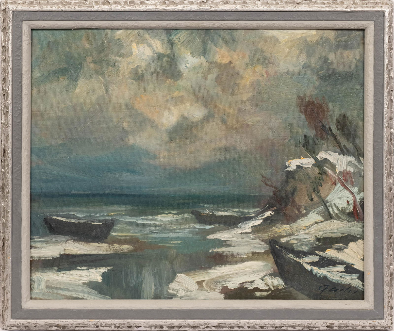JANIS GAILIS (AMERICAN, 1903-1975) OIL ON MASONITE,: JANIS GAILIS (AMERICAN, 1903-1975) OIL ON MASONITE, 1964, H 23", W 28", WINTER SHORELINE A 1964 oil on masonite by Janis Gailis depicting a winter seashore. Artist's signature to the lower right, and