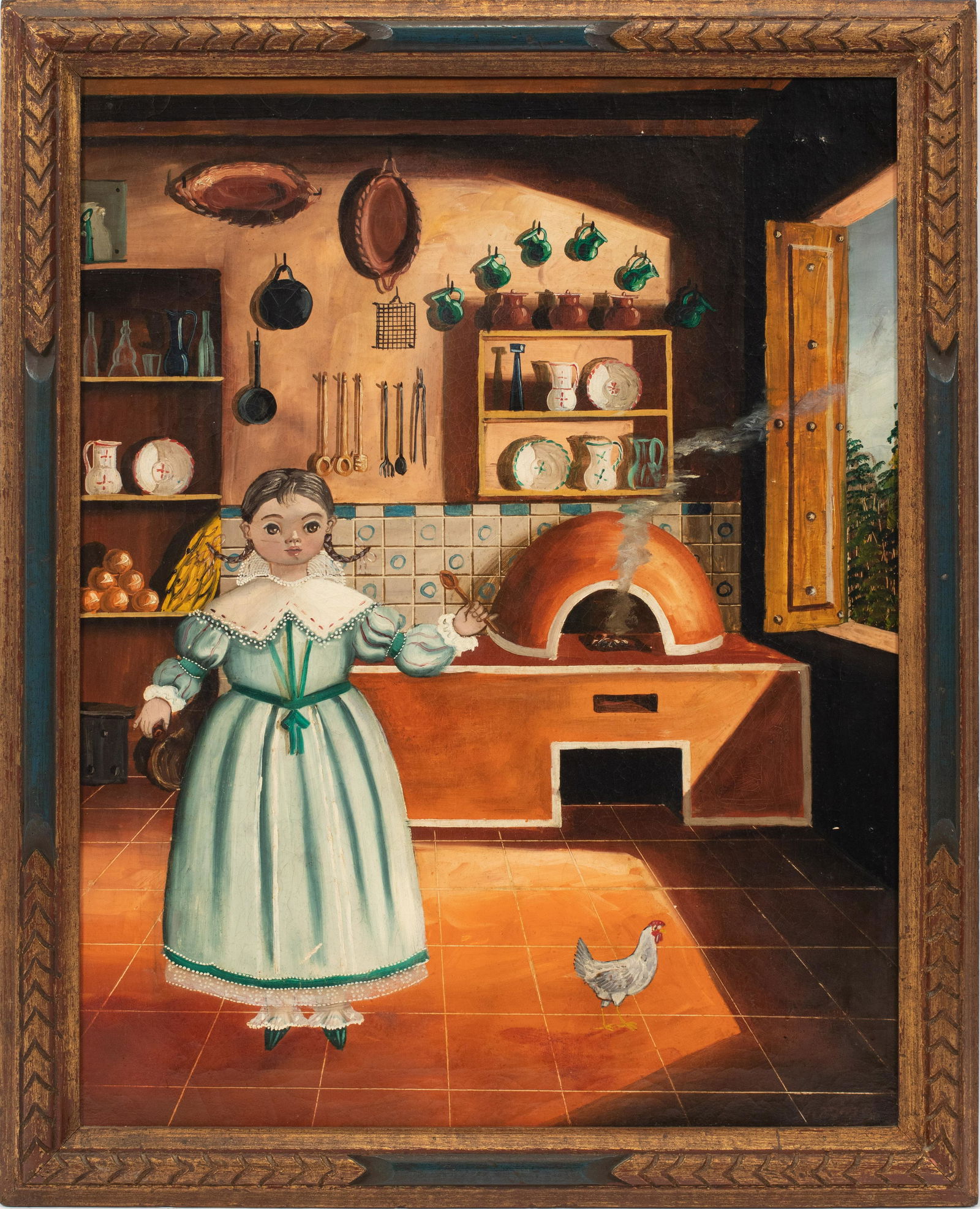 AGAPITO LABIOS, MEXICO 1898-96. OIL ON CANVAS, C 1960 H: AGAPITO LABIOS, MEXICO 1898-96. OIL ON CANVAS, C 1960 H 24" W 18" GIRL WITH CHICKEN Frame 26" x 21". From the Estate of Cheryl Powers Carey, Lincoln Rd. Grosse Pointe