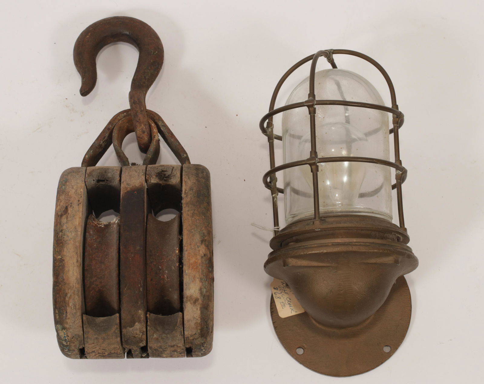 SHIP'S TACKLE AND BRONZE SHIP'S LIGHT, H 11", DIA 5" (1 of 5)