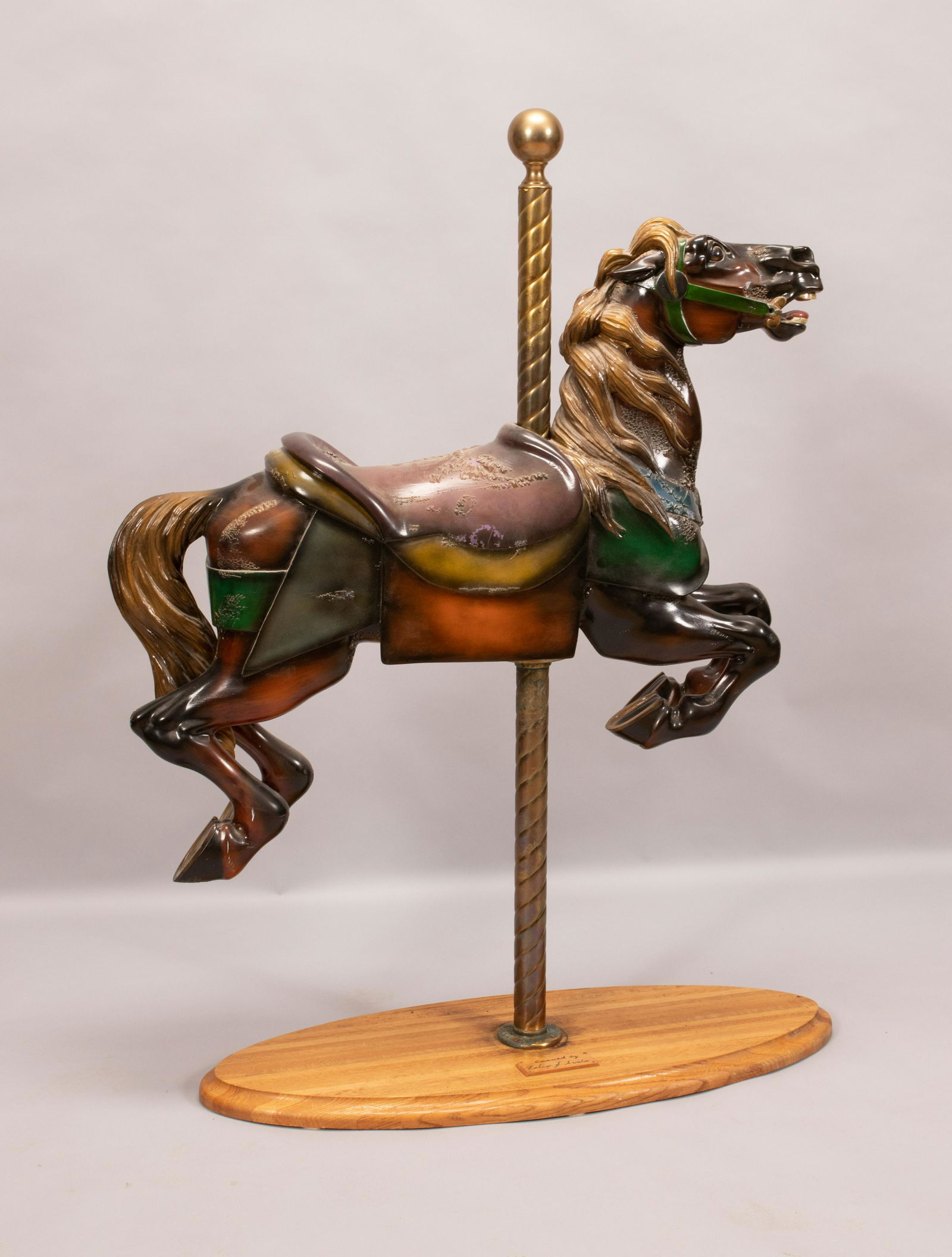 POLYCHROMED CARVED WOOD CAROUSEL HORSE, BRASS POLE, H (1 of 13)