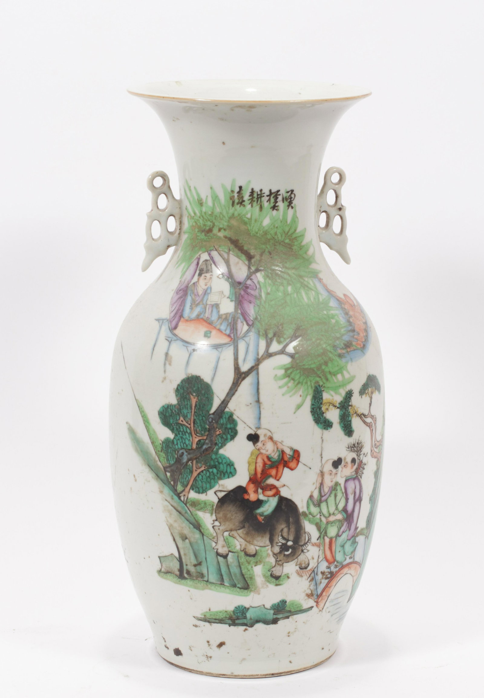 CHINESE PAINTED PORCELAIN VASE, 20TH C, H 17", DIA 8": CHINESE PAINTED PORCELAIN VASE, 20TH C, H 17", DIA 8" A 20th century Chinese painted porcelain vase. Depicting young men with an ox and vignette of elder to the top left with calligraphic marks to the
