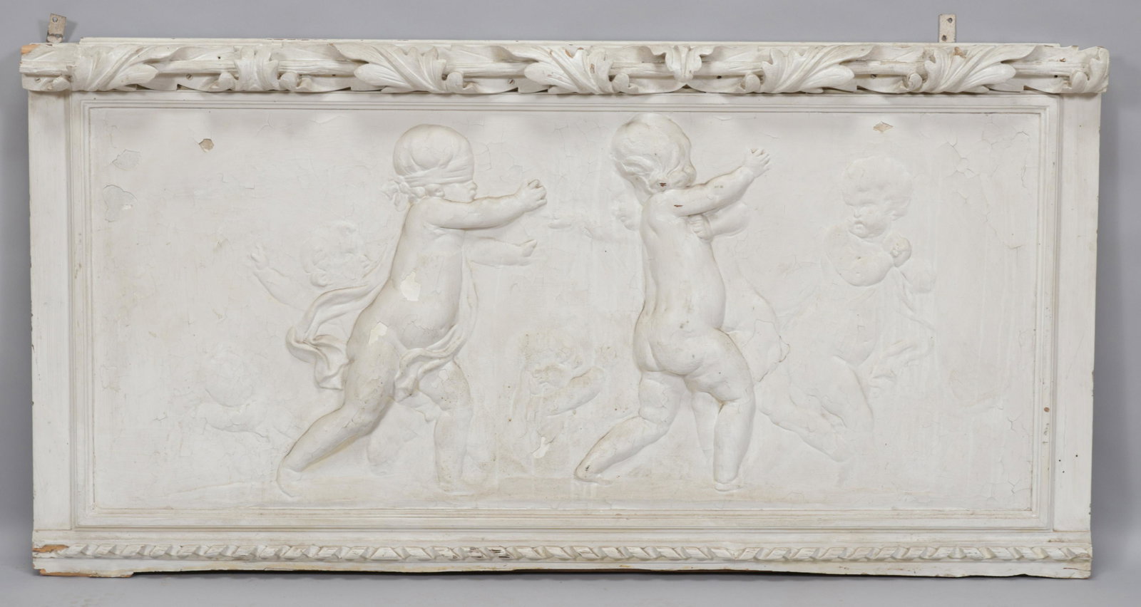 GESSO ON WOOD WALL RELIEF, H 31", L 62", MASKED CHERUB (1 of 6)