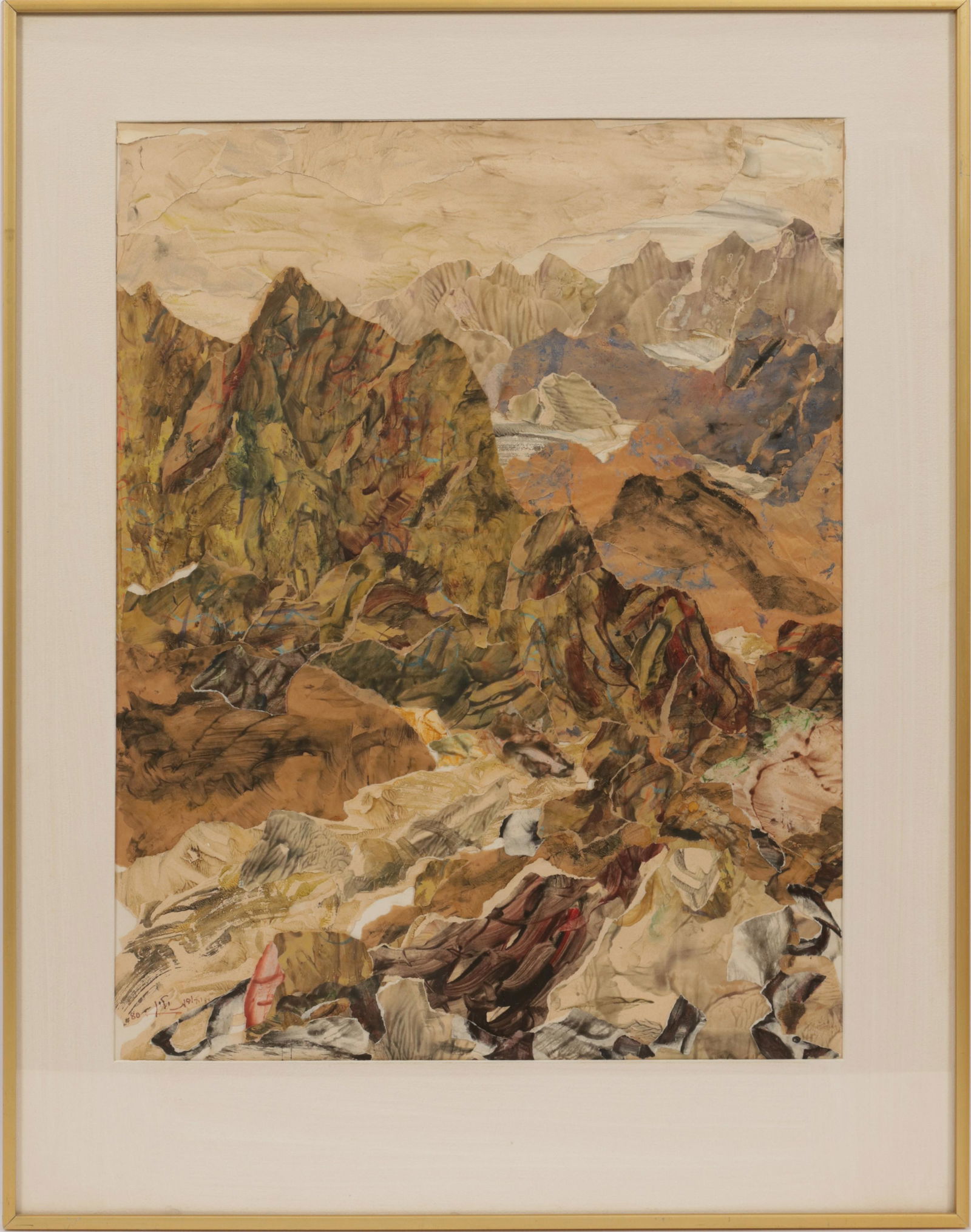ISRAELI WATERCOLOR & COLLAGE, 1980, H 24", W 19",: ISRAELI WATERCOLOR & COLLAGE, 1980, H 24", W 19", MOUNTAIN LANDSCAPE A 1980 watercolor embellished collage by an Israeli artist. Depicting a mountainous landscape. Artist's signature and date to the l