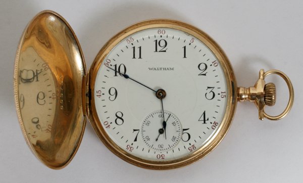 WALTHAM, 14KT YELLOW GOLD POCKET WATCH: WALTHAM, 14KT YELLOW GOLD POCKET WATCH:14kt stamped on inside second cover on back; 17 jewels; Arabic numerals, second hand dial at 6:00 and "Waltham" on face; "A.W.W. Co. Waltham Mass. 17 jewels, 211