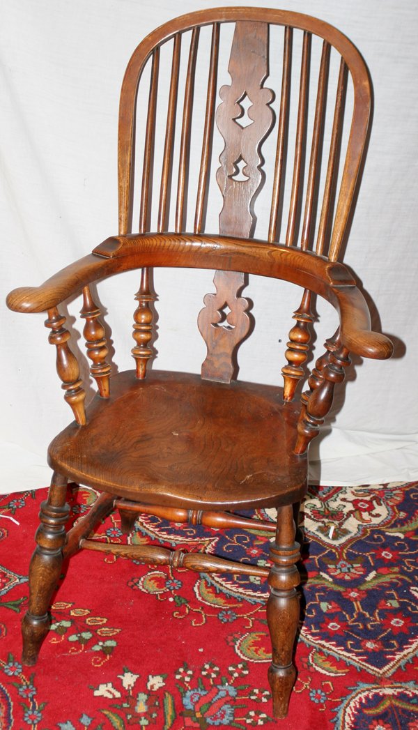 ENGLISH OAK FRAME "WINDSOR" CHAIR, H 46", W 28": ENGLISH OAK FRAME "WINDSOR" CHAIR, H 46", W 28":having a bent wood back frame with turned dowels with pierced back splat; curved contoured armrest integrated into the back frame with turned spindle ar