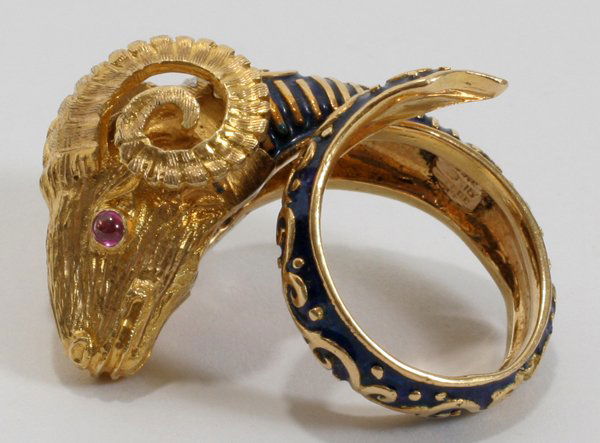 RUBY, DIAMOND, 18KT GOLD RAM FORM RING W/ENAMEL: RUBY, DIAMOND, 18 KT GOLD RAM FORM RING WITH ENAMEL:16.5 grams size 4