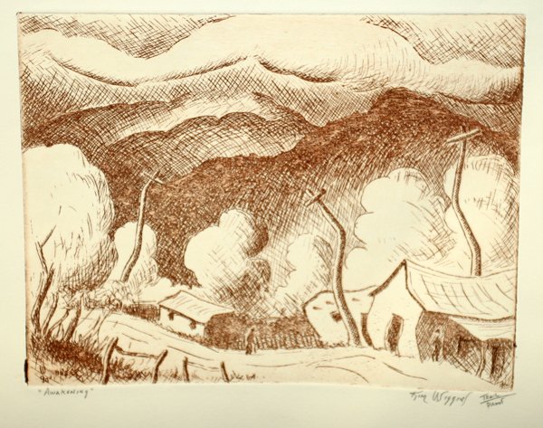 KIM DOUGLAS WIGGINS TRIAL PROOF ETCHING 6" X 8": KIM DOUGLAS WIGGINS, TRIAL PROOF ETCHING MOUNTAINOUS LANDSCAPE WITH HOME, 6" X 8":American b 1960 Titled "Awakening". Says "Trail Proof" in margin;