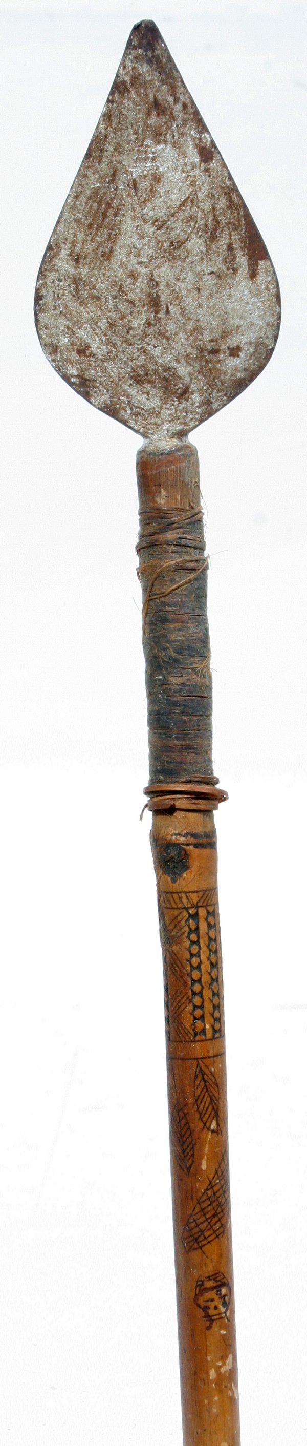 NATIVE AMERICAN INDIAN ARROW W/PAINTED SHAFT: NATIVE AMERICAN INDIAN ARROW WITH HAND PAINTED SHAFT, ANTIQUE, 1, L 39 1/2":Antique Native American Indian Single Arrow. Hand Decorated, Symbols: Leaf, Vase, arrow & Spear points, etc. Hand painted sy