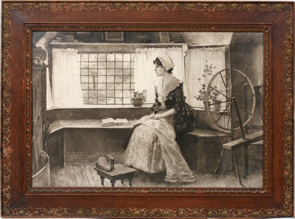 CONTINENTAL ENGRAVING EARLY 20TH C., 20" X 29" : CONTINENTAL ENGRAVING, EARLY 20TH C., 20" X 29" SIGHT, INTERIOR GENRE SCENE:Depicting a woman seated gazing out a window, no apparent signature, antique frame. Hudson's Gallery label on the reverse wi