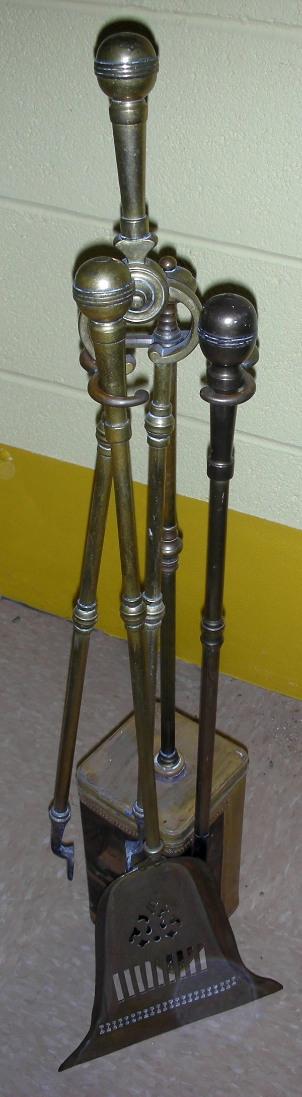 BRASS FIREPLACE TOOLS H 32": BRASS FIREPLACE TOOLS H 32":Shovel, poker, tongs in holder. From the Collection of Alfred S. Warren.