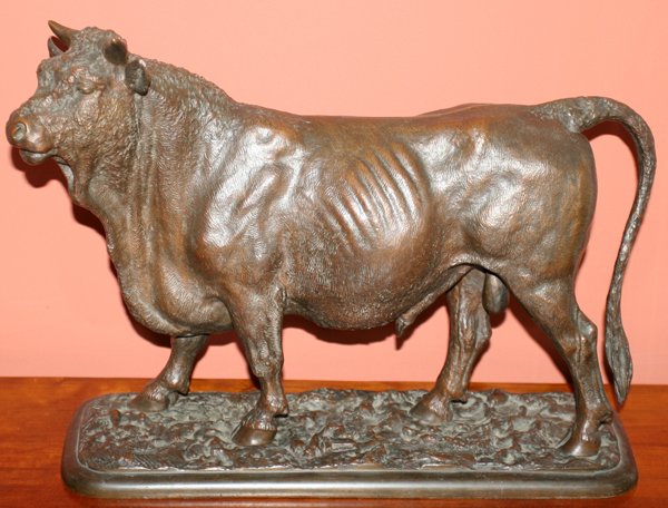 CHRISTOPHE FRATIN (1800-64), BRONZE BULL, L 16": CHRISTOPHE FRATIN (1800-64), BRONZE BULL, L 16":A 19th century casting stamped "Fratin" at the base, having a dark brown patina. Measures H.12" x 16" x 4". Christophe Fratin, French, 1800-1864. From t