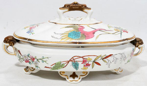 ROYAL WORCESTER COVERED SERVING DISH, L 12": ROYAL WORCESTER COVERED SERVING DISH, L 12":Oval dish with lobed sides and conforming cover, hand-painted floral sprays, flanked by elephant mask handles, stamped logo in black at the underside with "
