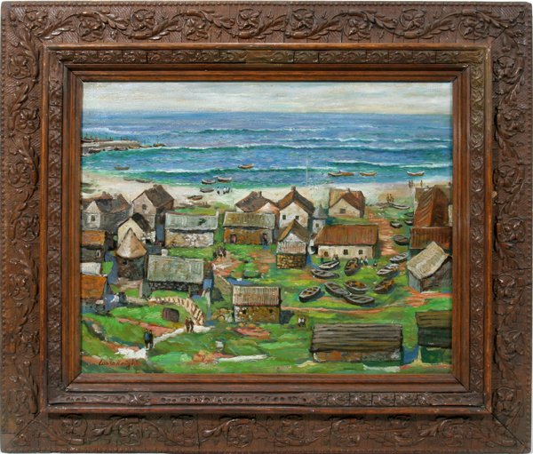 DAME LAURA KNIGHT, OIL ON CANVAS, SENNEN COVE, : DAME LAURA KNIGHT, OIL ON CANVAS, SENNEN COVE, CORNWALL, ENGLAND 16" X 20": BRITISH 1877-1970:Ex collection Monsignor Edward J Hickey - stamp on back; 1877-1970 artist, Royal Academy and artist at Nur